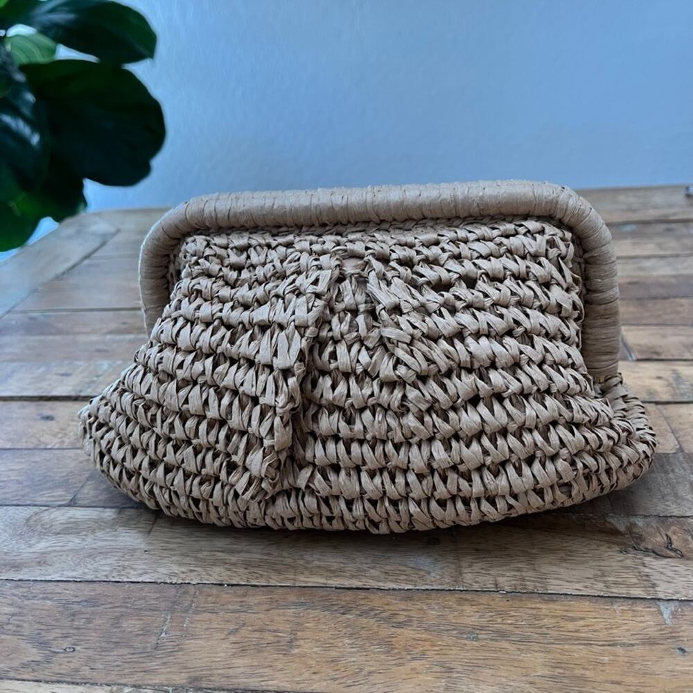 Natural Straw Woven Crossbody Purse 8" Chain Strap Lined